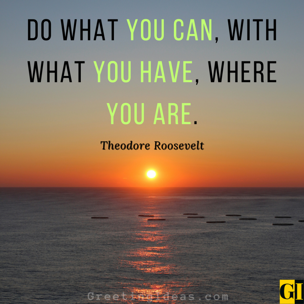  Theodore Roosevelt quote on action overlaid on a vivid ocean sunrise — meaningful short quote about resourcefulness and starting now 