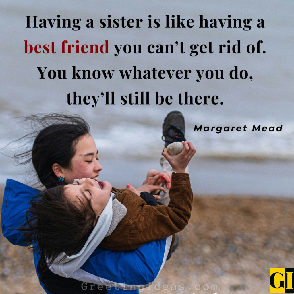 Older sister joyfully lifting younger sibling on a rocky beach — quote about sibling love and lifelong best friend bond by Margaret Mead