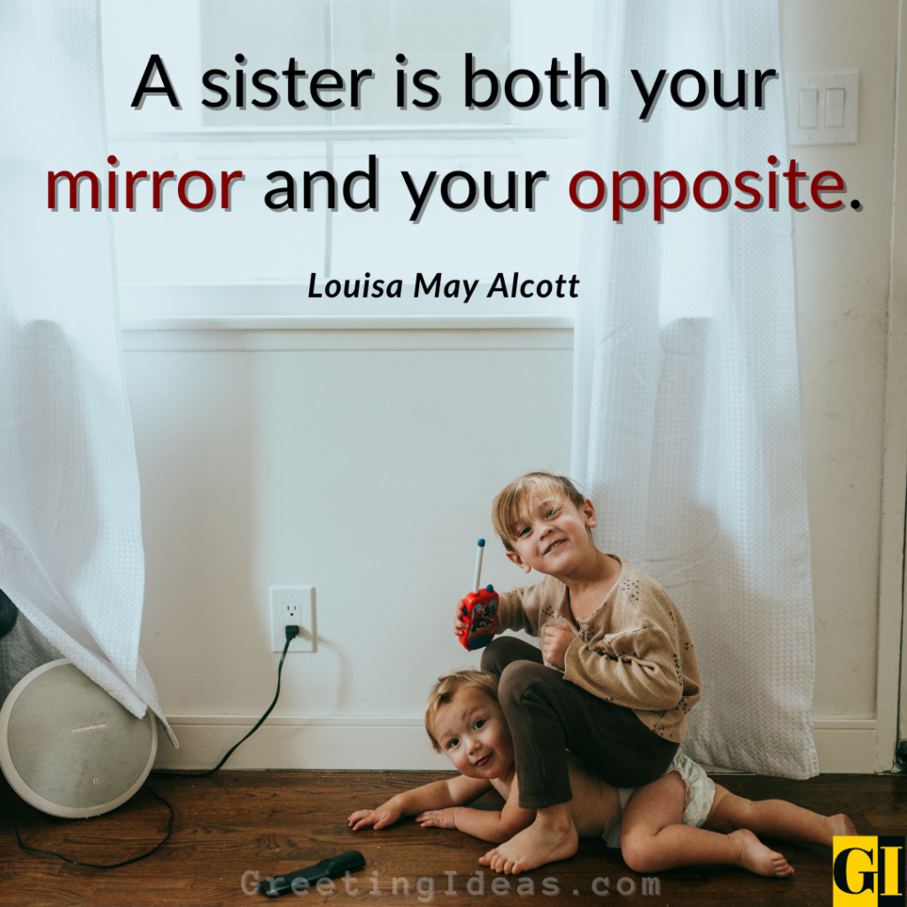 Two young siblings sitting together indoors — quote about sister wisdom and identity by Louisa May Alcott on sibling bond