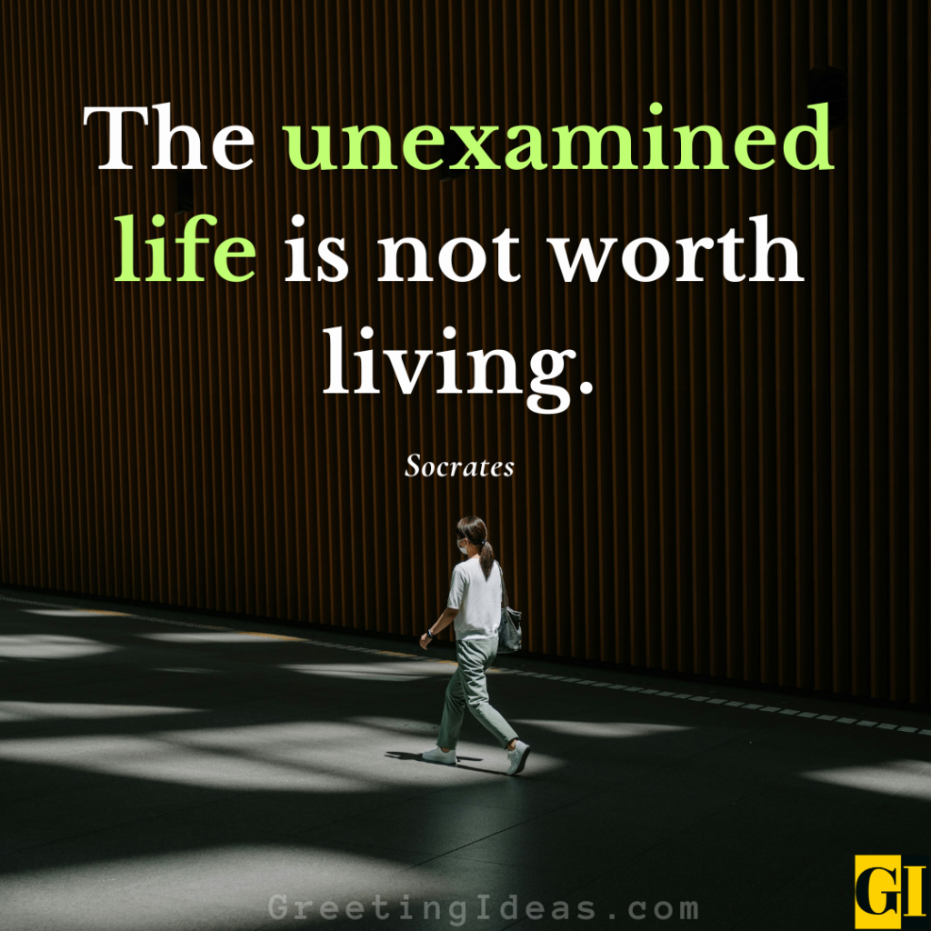 Socrates quote on self-reflection overlaid on urban architecture — words that linger about the importance of living with awareness