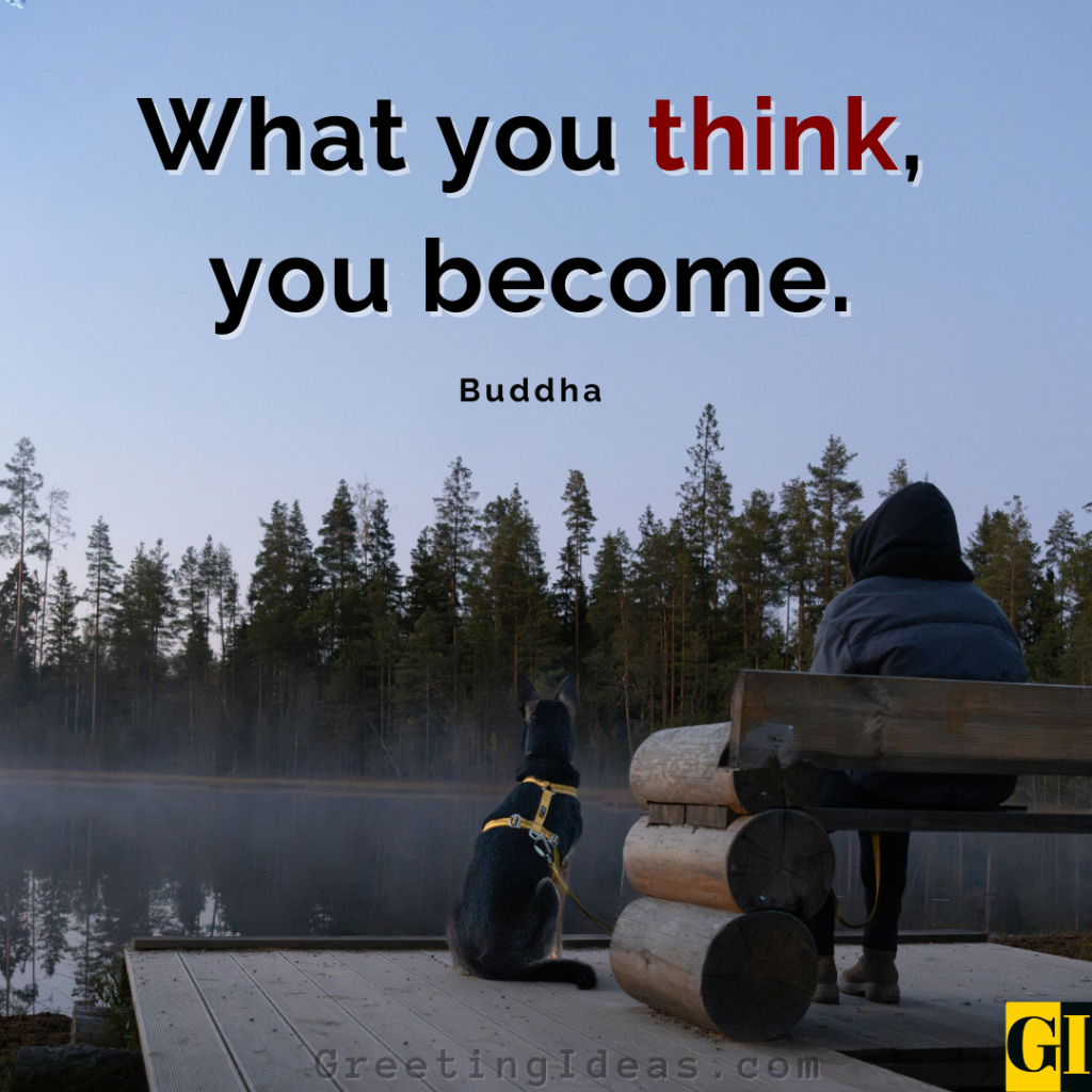  Buddha quote on mindset overlaid on a misty lake at dusk — emotional one-liner about the power of thought and becoming 