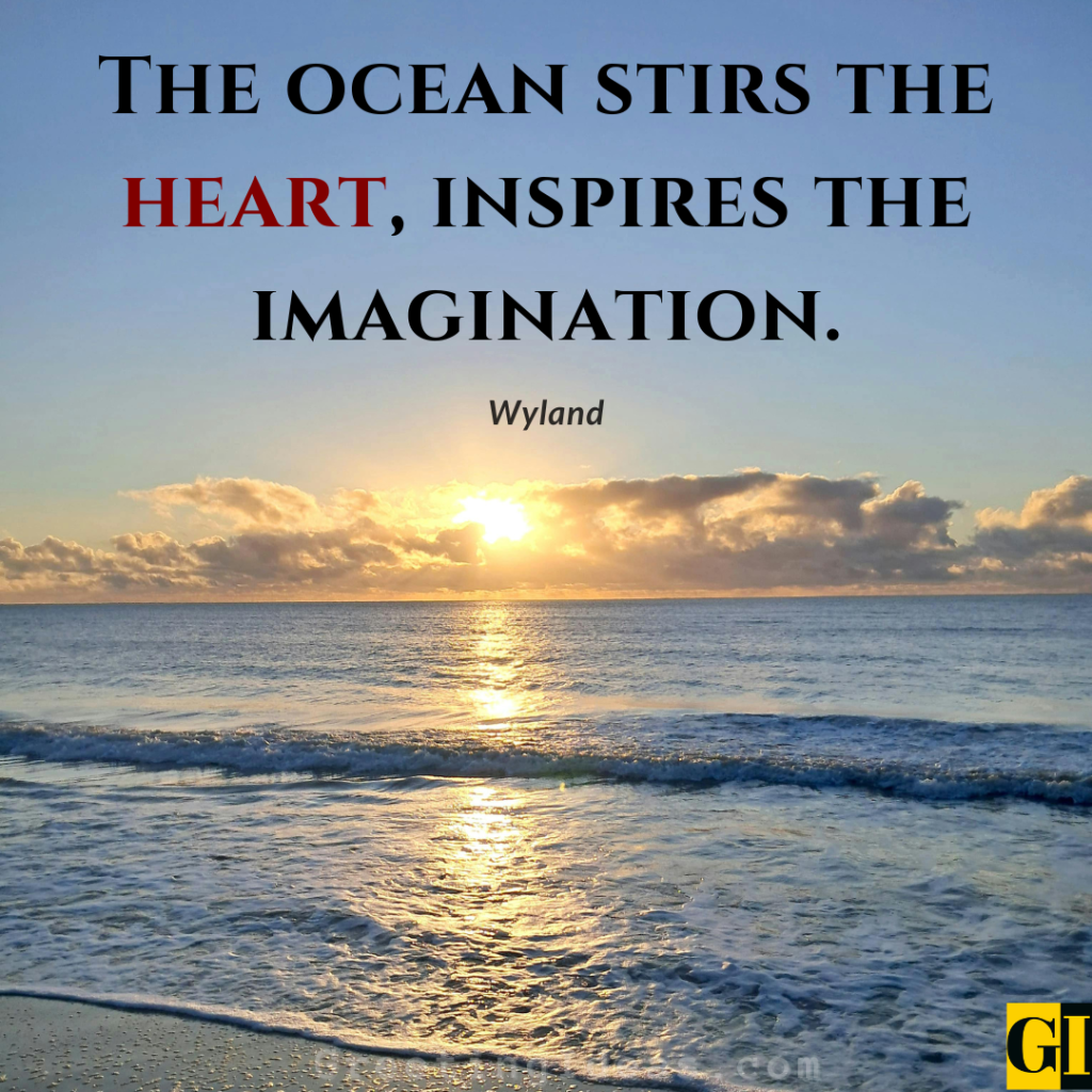 A golden sunset over calm ocean waves on a wide open beach, reflecting Wyland's beautiful quote about waves of emotion and maritime inspiration