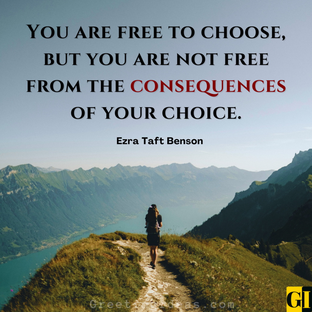 Hiker on a mountain ridge with Benson quote about being free to choose but not free from consequences