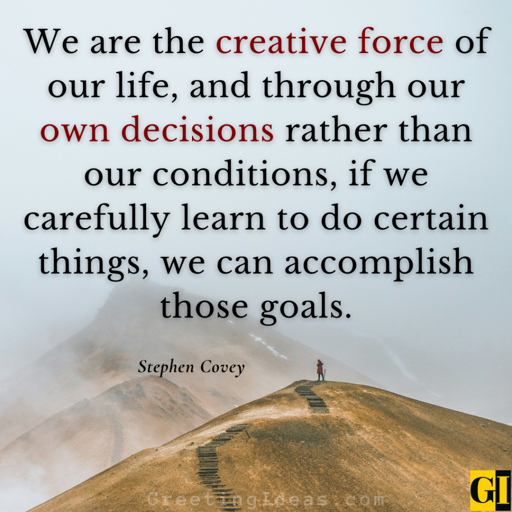 Solo figure standing on a hilltop in fog with Covey quote about decisions shaping your life's direction