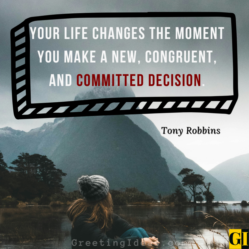 Woman by a misty lake with Tony Robbins quote about how a committed decision changes your life instantly