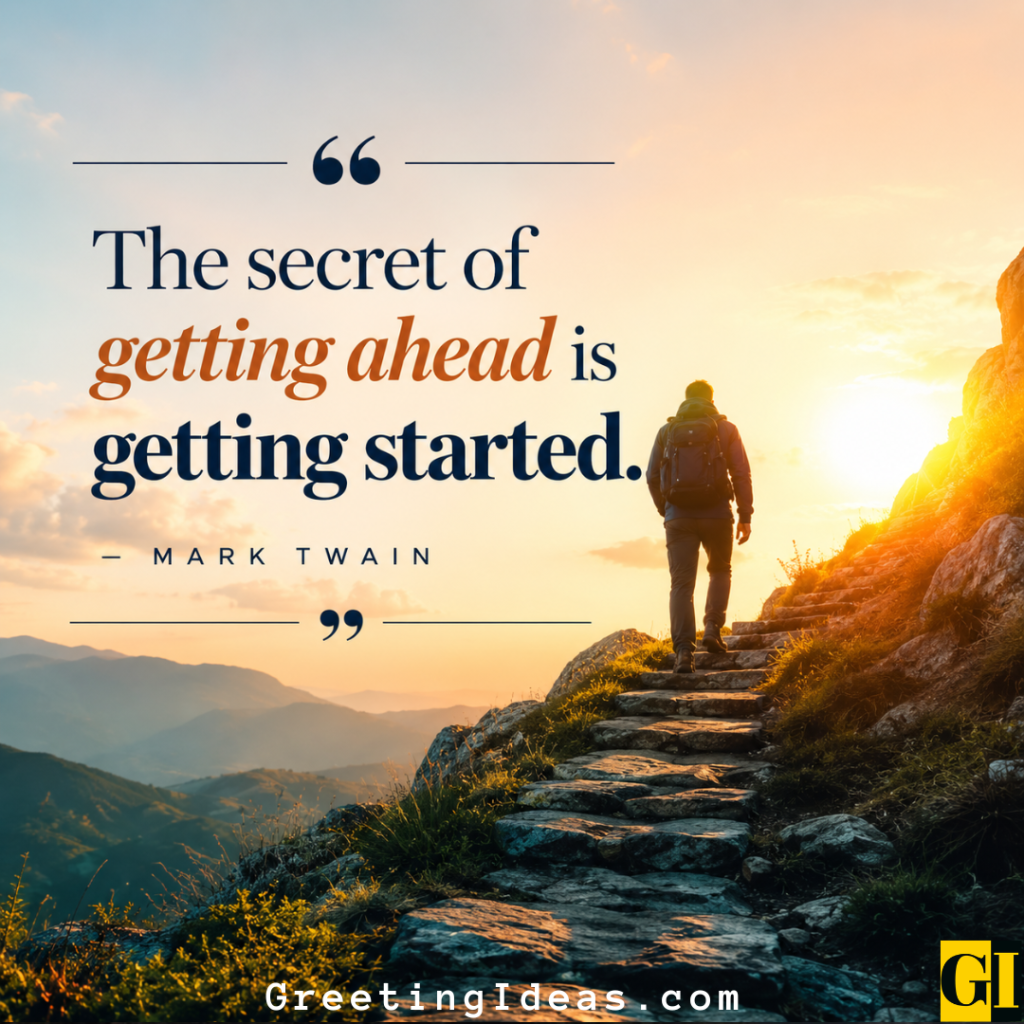 Mark Twain Quote on Taking Action Hiker climbing mountain steps at golden sunset with Mark Twain quote on getting started