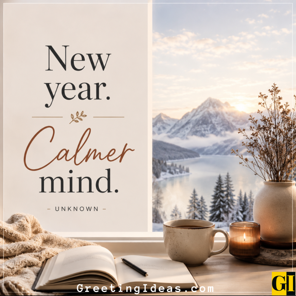 New Year Intention for Inner Calm Cozy winter desk scene with journal and candle beside snowy mountain lake view