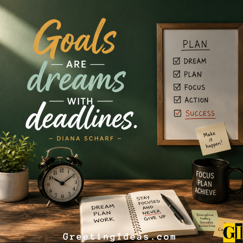 Diana Scharf Quote on Goal Setting Productivity desk setup with checklist whiteboard and Diana Scharf quote on goals and deadlines