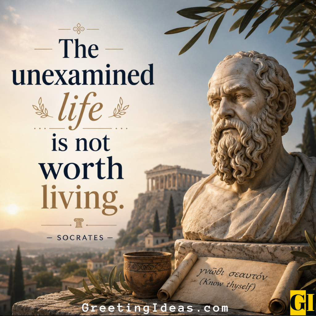 Socrates on Living Examined Marble Socrates bust with Acropolis backdrop and Greek inscription on self-knowledge