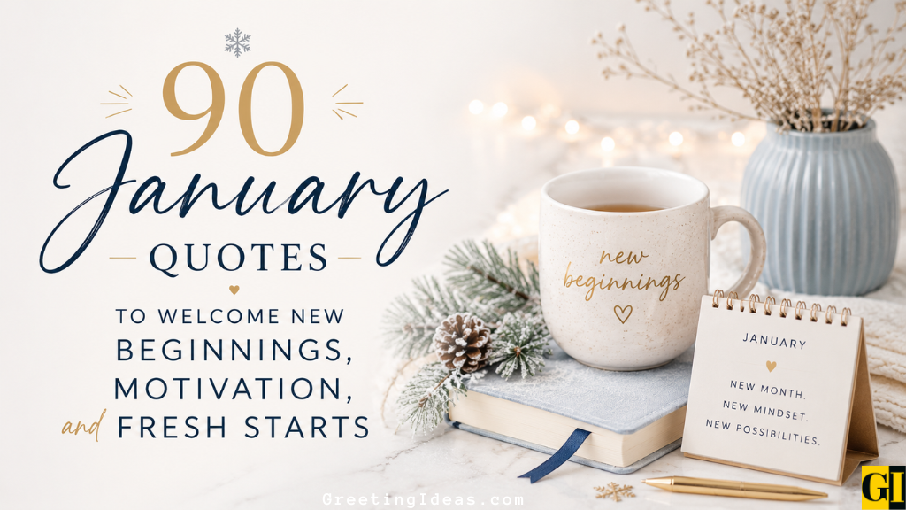 Cozy winter flatlay with tea mug, journal, and small calendar reading January quotes new possibilities