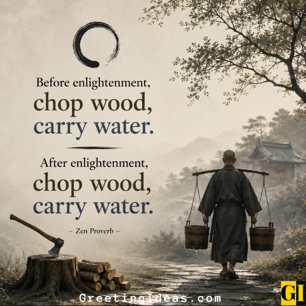 Monk carrying wooden water buckets along a misty rural path toward a temple