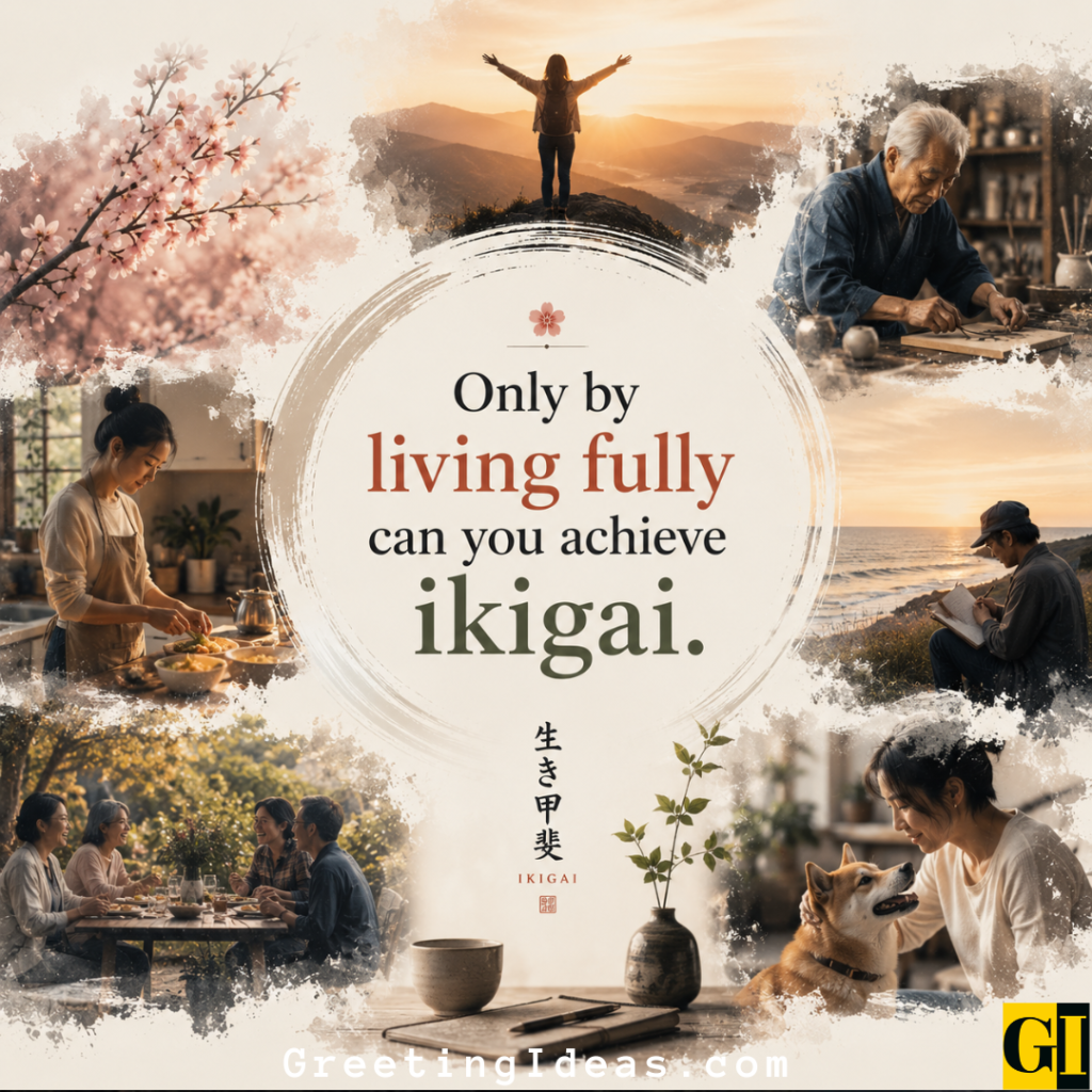 Collage of everyday life scenes centered on the Japanese concept of ikigai