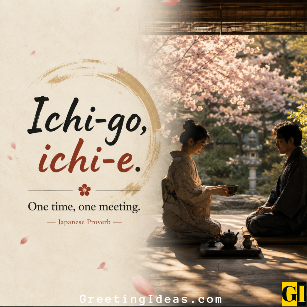 Two people sharing a tea ceremony beneath cherry blossoms in a traditional Japanese garden