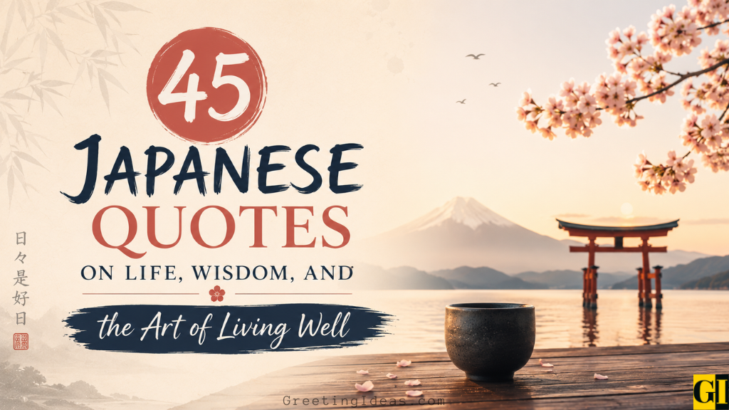 Featured banner for Japanese quotes article showing Mount Fuji, torii gate, cherry blossoms, and a tea bowl at sunset