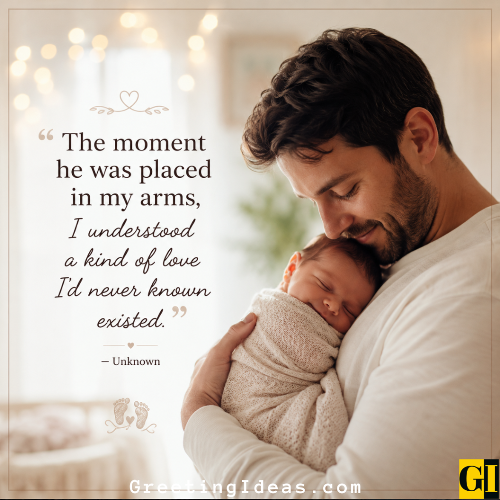 Father cradling sleeping newborn son against his chest in soft nursery light