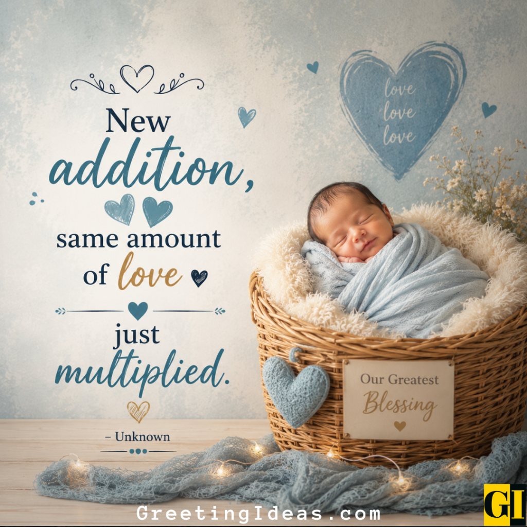 Smiling newborn swaddled in blue inside a basket labeled 