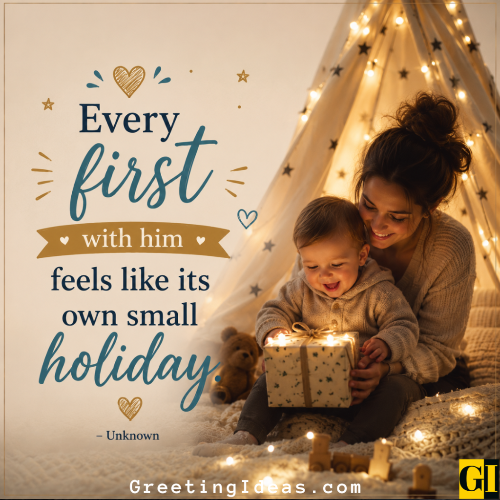 Mother and toddler son smiling together while unwrapping a gift in a lit teepee