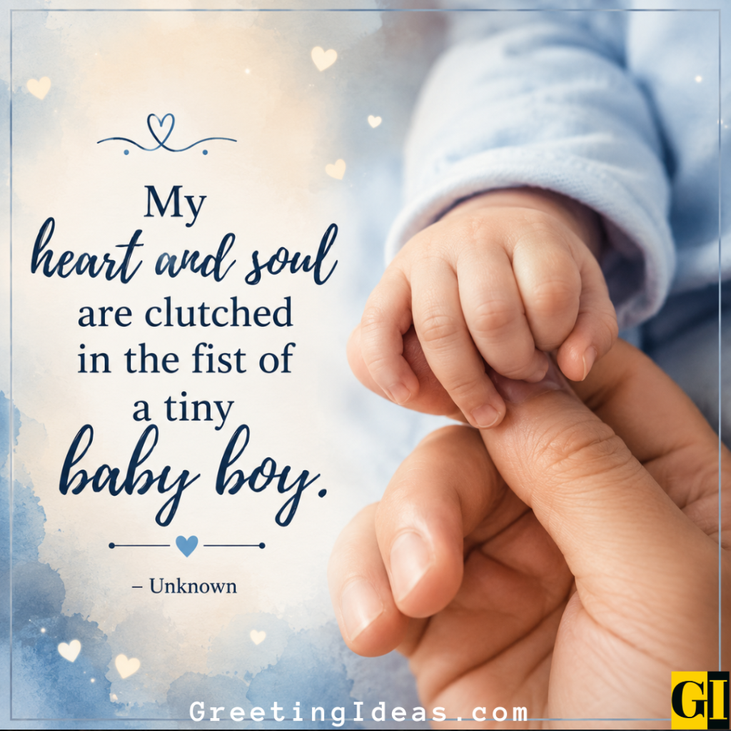 Baby boy's small hand wrapped tightly around a parent's finger