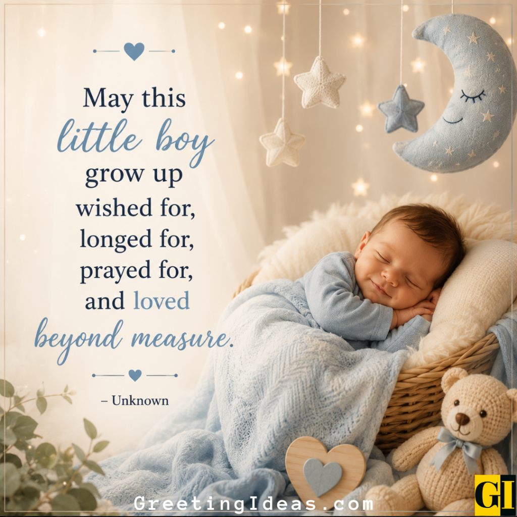 Newborn boy sleeping peacefully in a basket beneath hanging moon and star decor