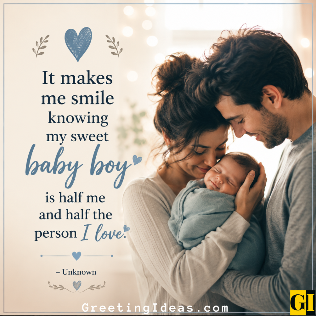 Mother and father leaning in close while cradling their baby boy together