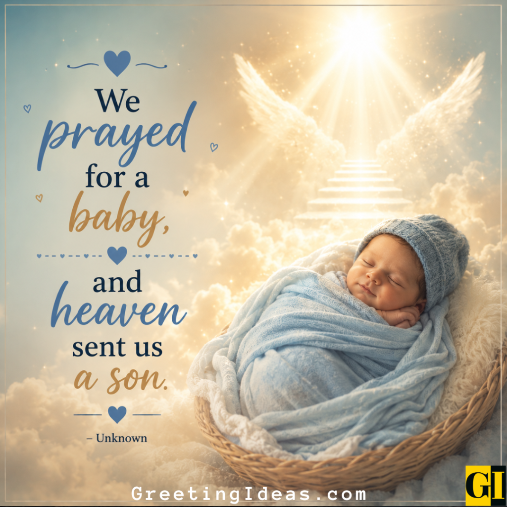 Newborn boy wrapped in blue resting in a basket beneath glowing heavenly light