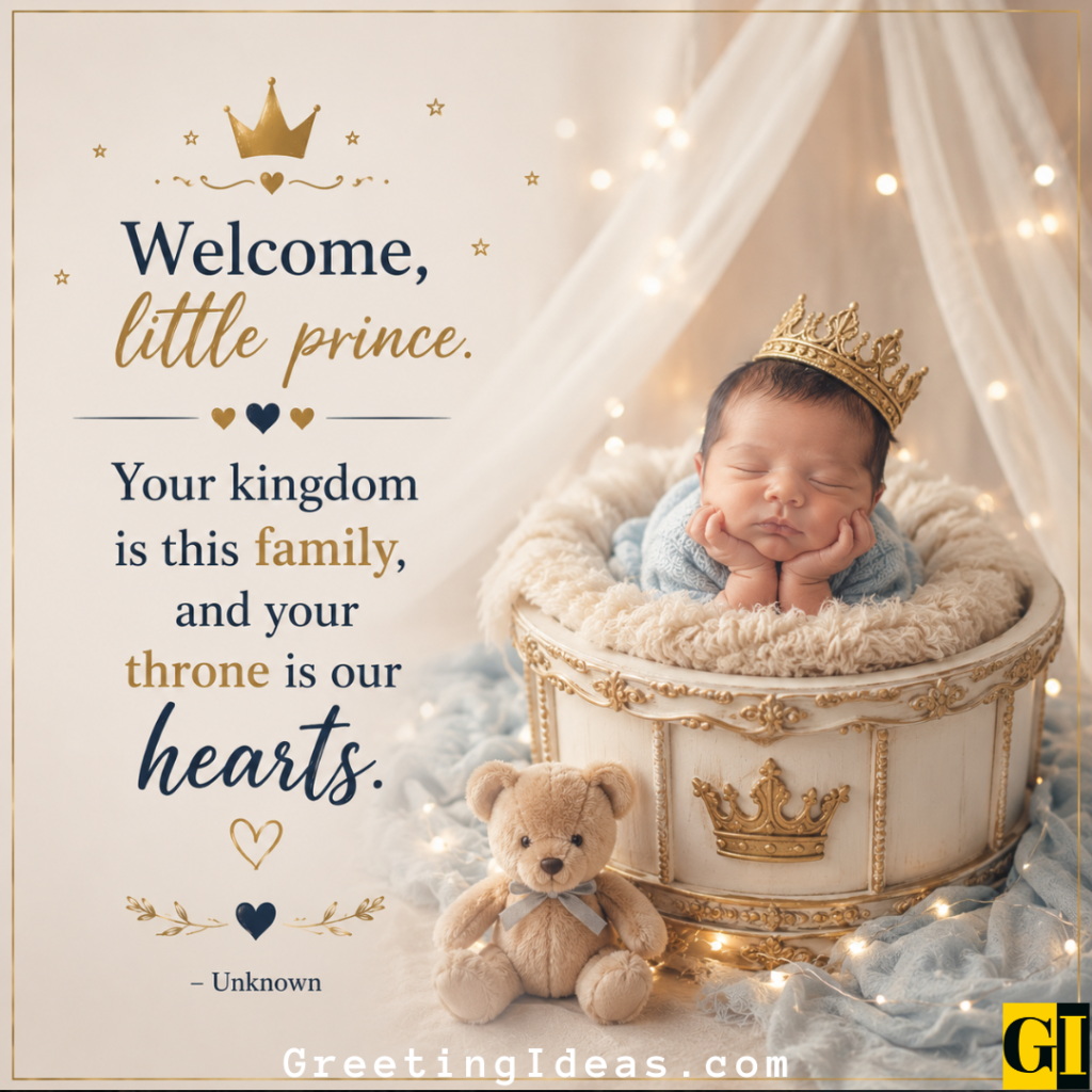 Sleeping newborn wearing a small gold crown in an ornate princely basket