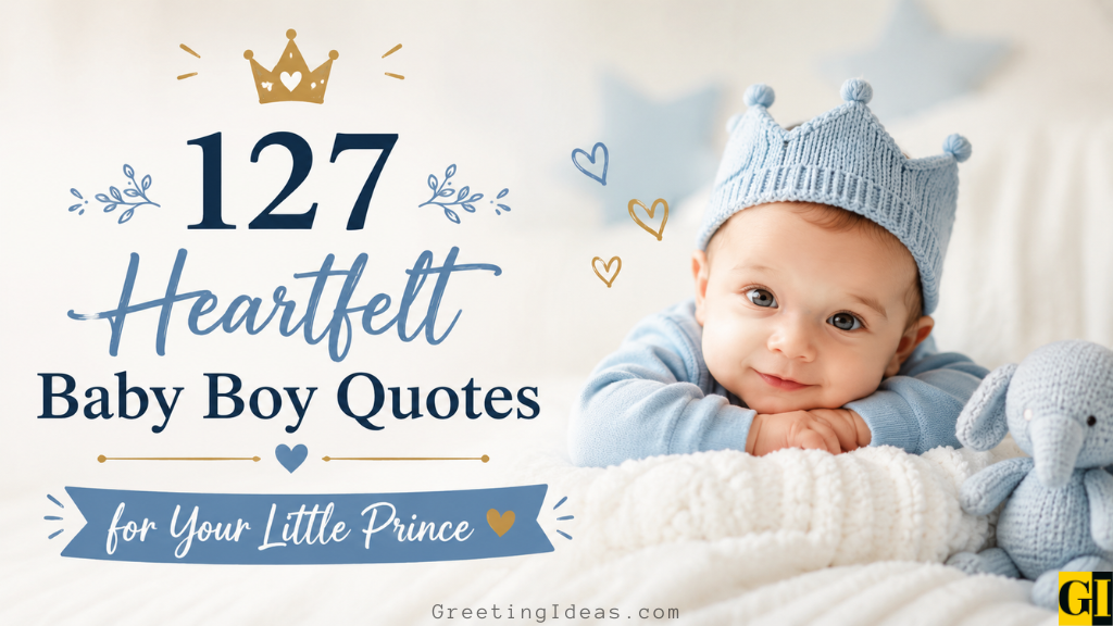 Smiling baby boy in a knit crown resting on a blanket beside a stuffed elephant, featured image for baby boy quotes